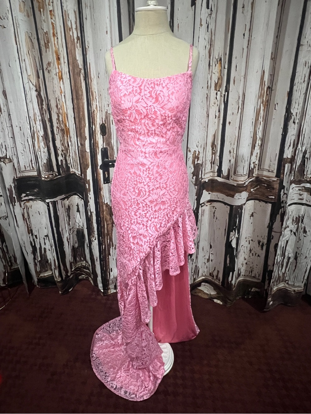 Pink Lace Asymmetrical Ruffle Evening Gown